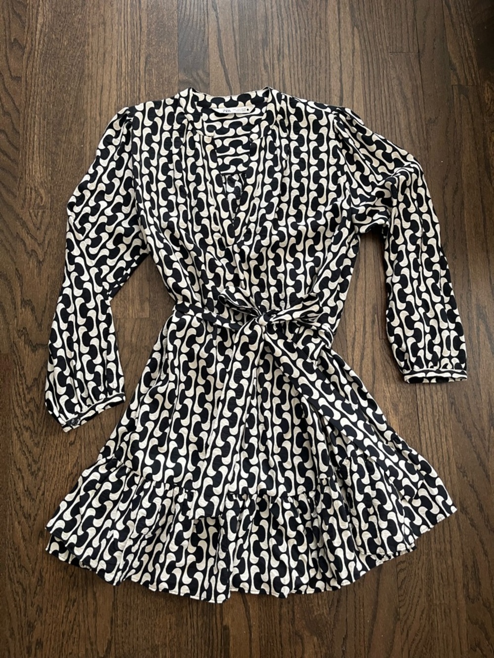 Zara Black and White Geometric Tie-Waist Mini Dress